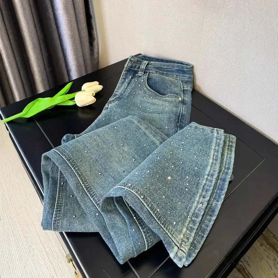 

Джинсы в стиле ретро, инкрустированные бриллиантами, женские весенние дизайнерские брюки прямого кроя с высокой талией, свободные широкие брюки для мытья полов