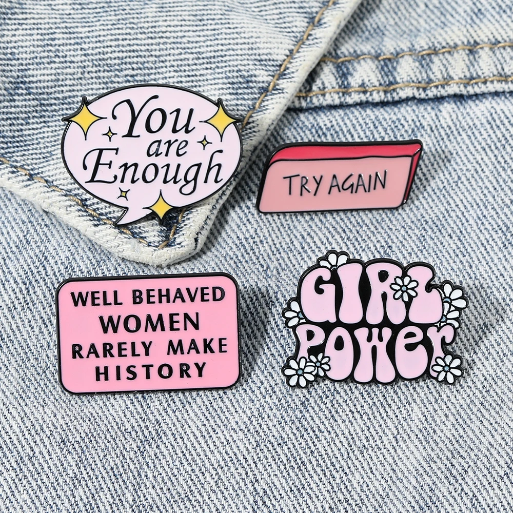 Pink Motivational Phrase Enamel Brooches Positive Try Again/Girl Power/You're Enough Letter Design Pins