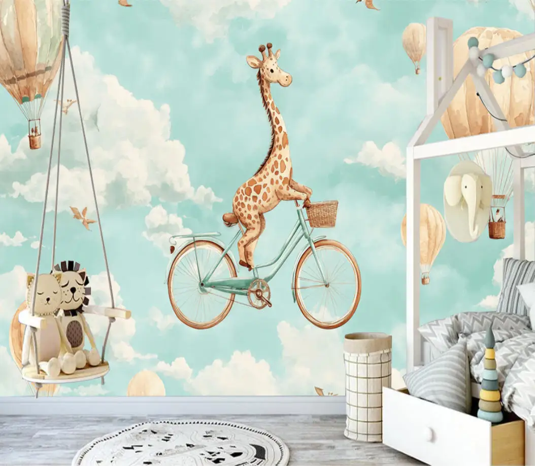 Custom wallpaper Large Giraffe bird aircraft hot-air balloon white cloud Children's playground background walls wallpaper mural
