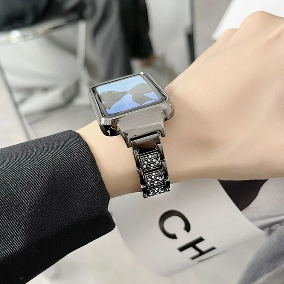 สายรัดข้อมือสำหรับวง Xiaomi Mi 7 สายนาฬิกา Pro พร้อมเคสโลหะหรูหรากลิตเตอร์เพชรสร้อยข้อมือสแตนเลสสำหรับ Miband 7 Pro