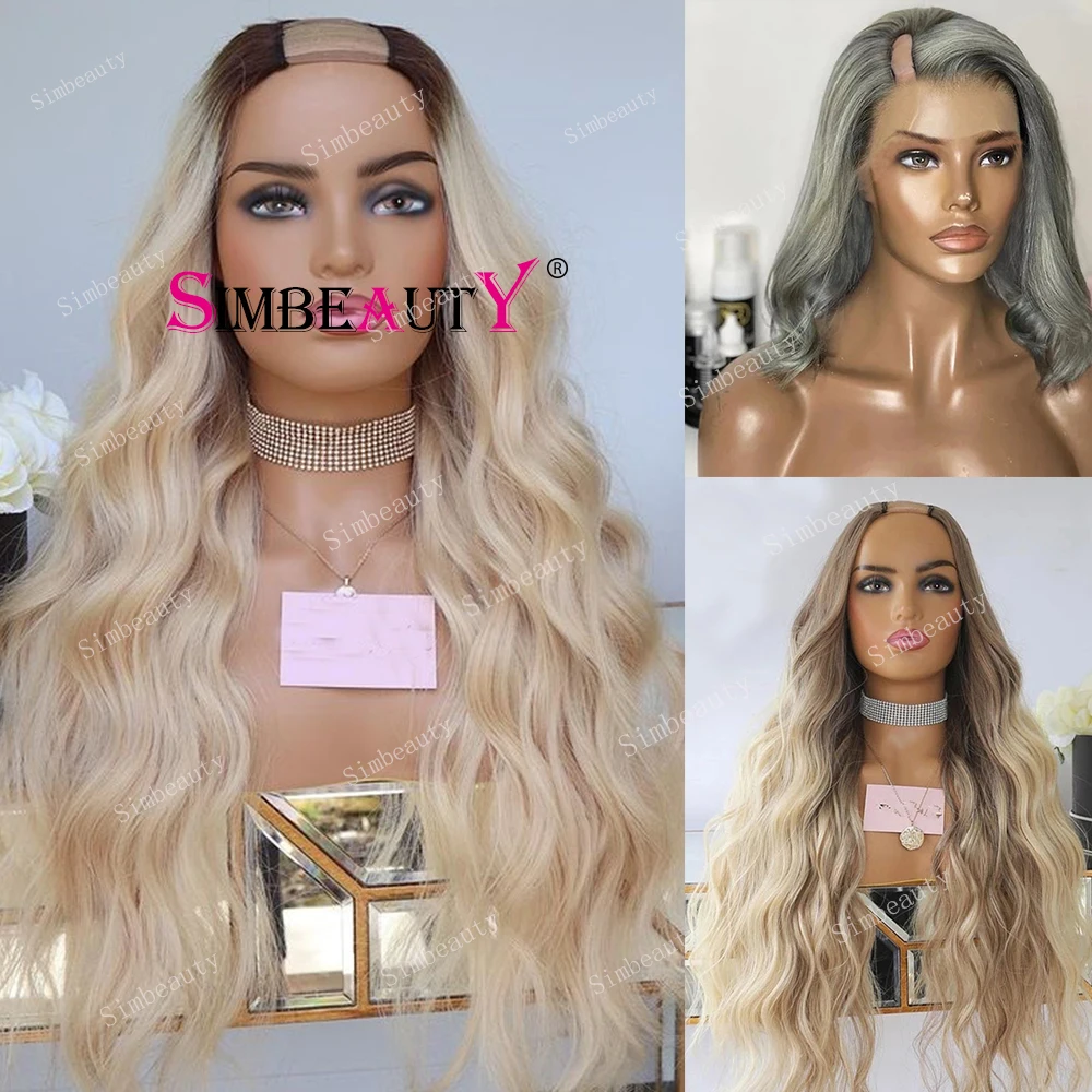 Ombre Platinum Blonde Glueless Loose Wave U Part Wig 100% Human Hair Highlight 613 Silver Grey Body Wavy Remy Full Machine Made