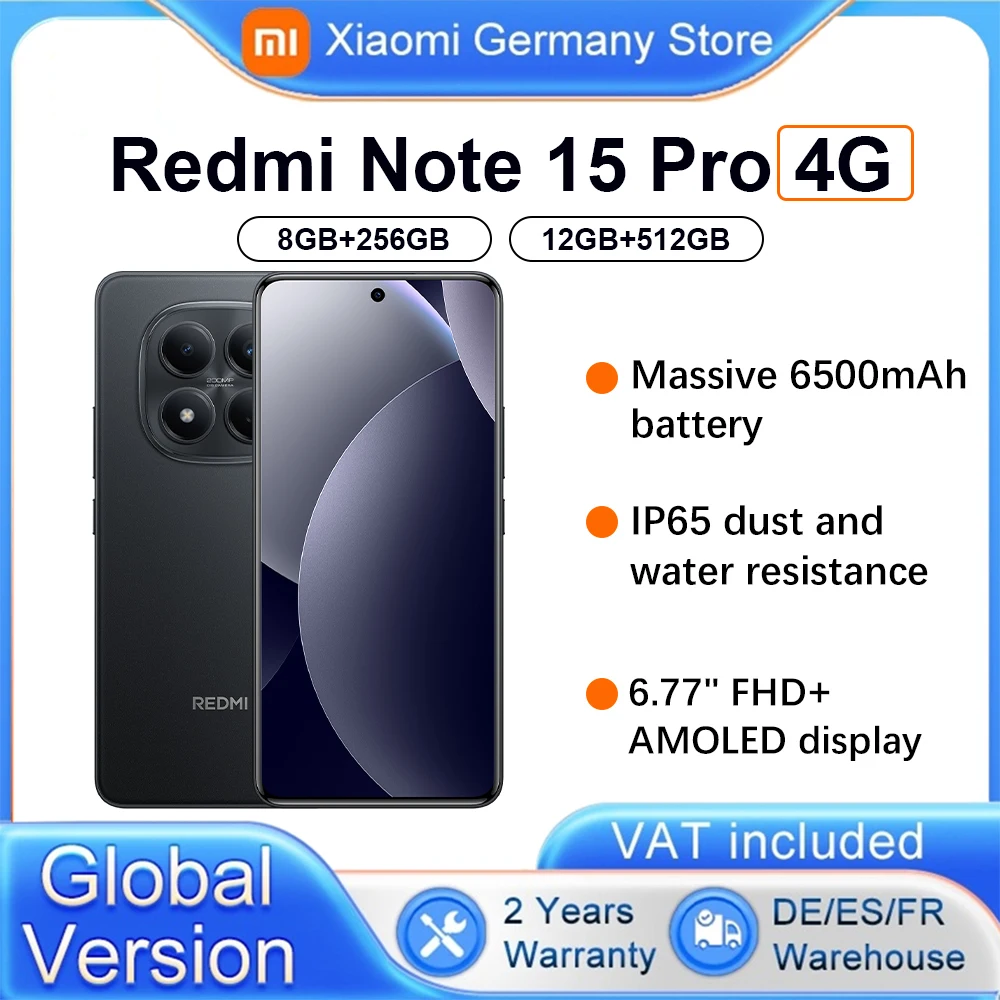 Globale Version Xiaomi REDMI Note 15 Pro 4G Smartphone 6,77' FHD 6500mAh 45W Turbo-Ladung 120Hz 200MP Hauptkamera IP65 NFC