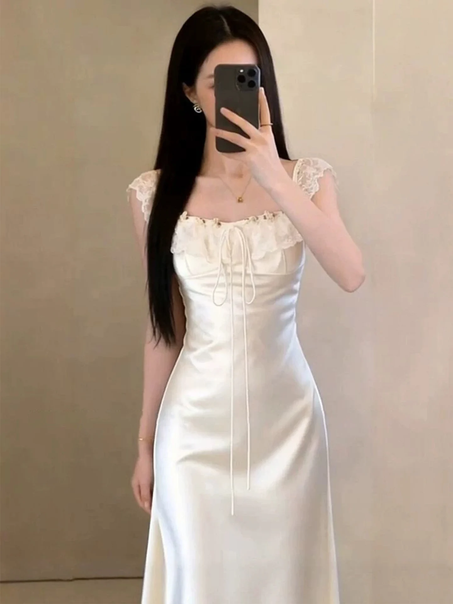 

XZY Lace Trim Satin Slim Fit Fish Tail Dress Summer Square Collar Long Dress Women plus Size Elegant Fashion High Waist Gown