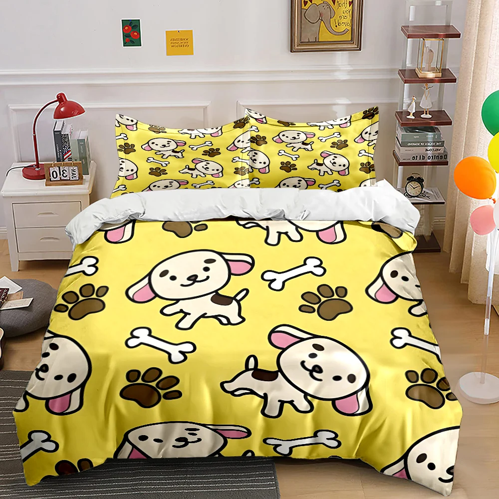 Cute Puppies with Paws and Bones Pattern Bedding Set 1 Duvet Cover 2 Pillowcases for Adult and Children Luxury Gift Full Size