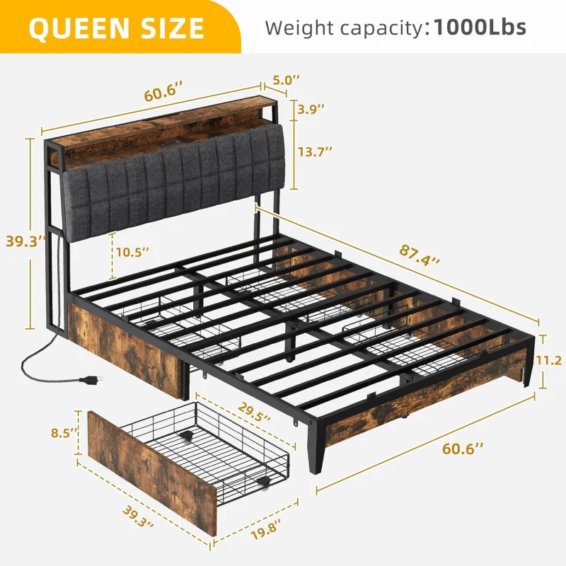 mDWVO Queen Size ,Upholstered Platform with Charging Station/4 Drawers,Storage Headboard Metal Bed Frame Strong Wooden Slats