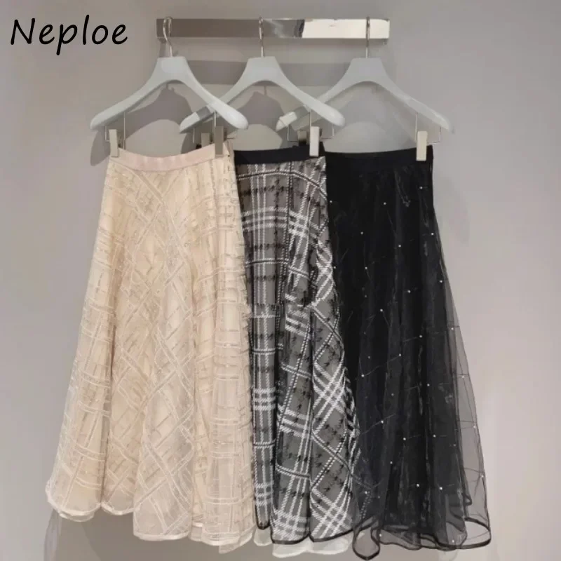 Neploe Japan Sweet Casual Elegant Beading Skirt Embroidered Mesh Mid-length Mujer Faldas Big Swing Loose Temperament Faldas