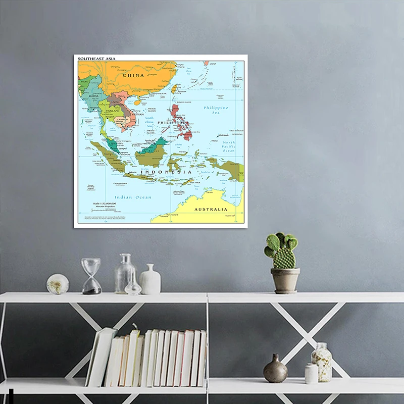 90*90cm la mappa del sud-est asiatico In inglese Non tessuto su tela pittura Poster senza cornice decorazione della casa forniture per aule scolastiche