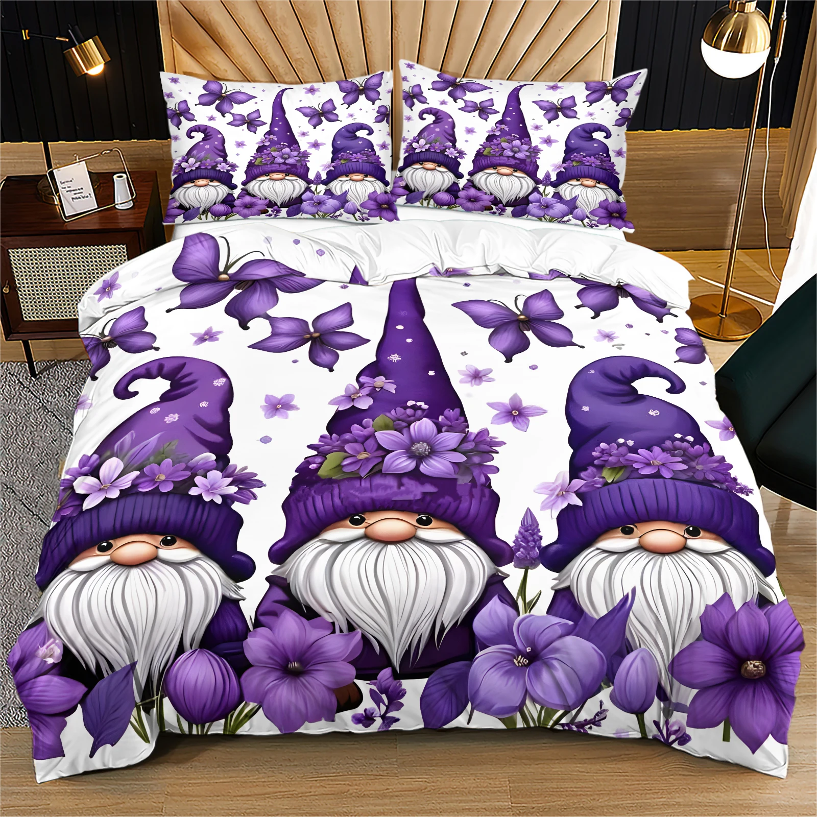 Purple Floral Gnome Duvet Cover Set Soft Microfiber 2/3‑Piece Bedding Dreamy Gentle Style Bedroom Accessory