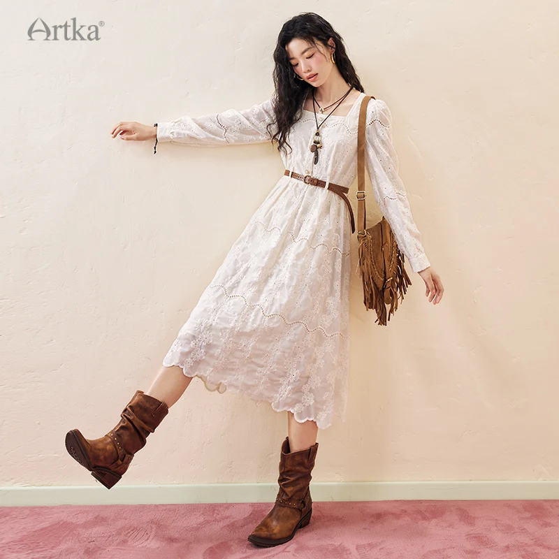 ARTKA 2023 Autumn New Women Dress Elegant Lace Embroidery Square Neck Dresses Long Sleeve White Midi Dress With Belt LA92530Q