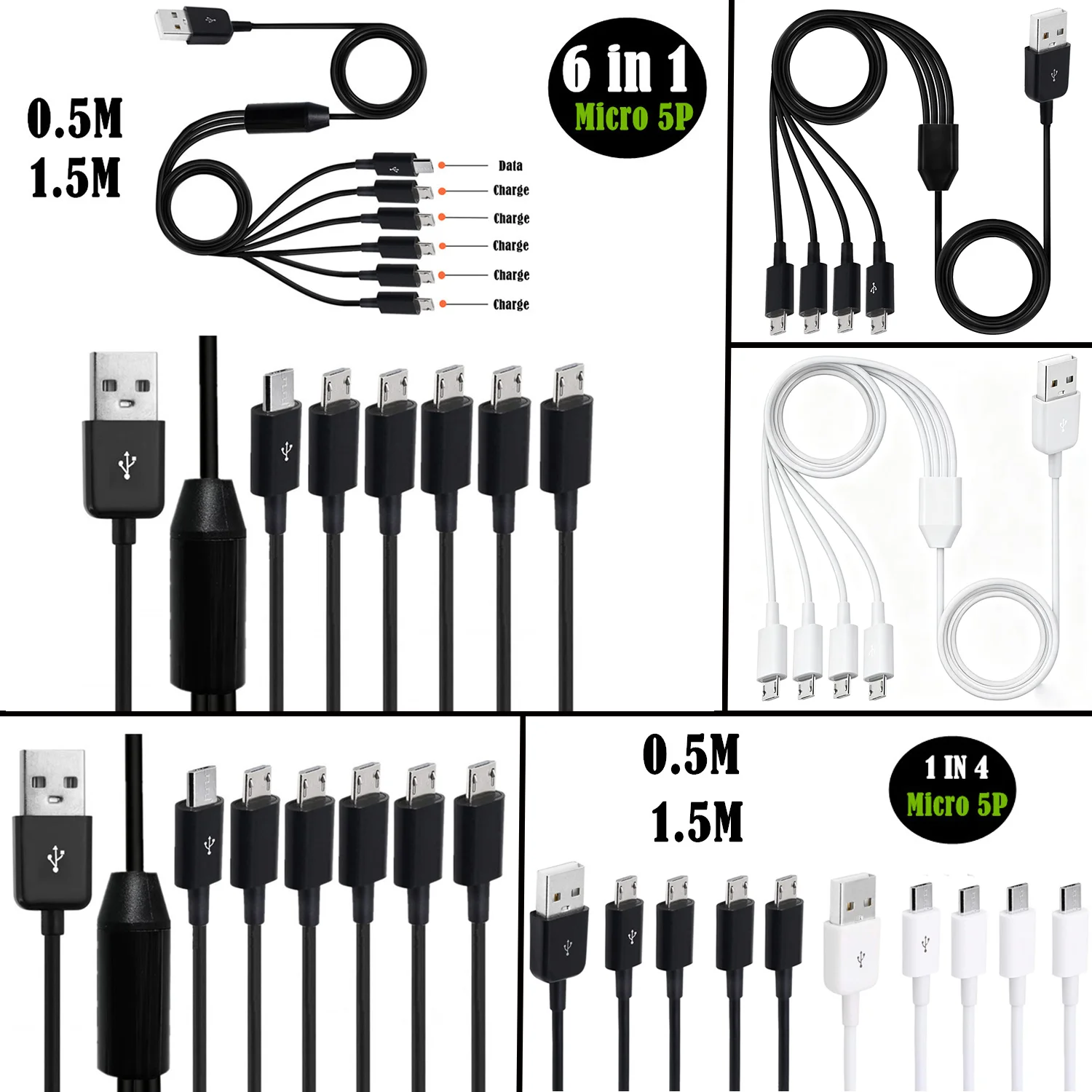 Micro USB Splitter Cable, USB Type-A to 6 Type-Micro Multi Charging Cord, Multiple USBMicro Charger Cable for Galaxy S6/S5