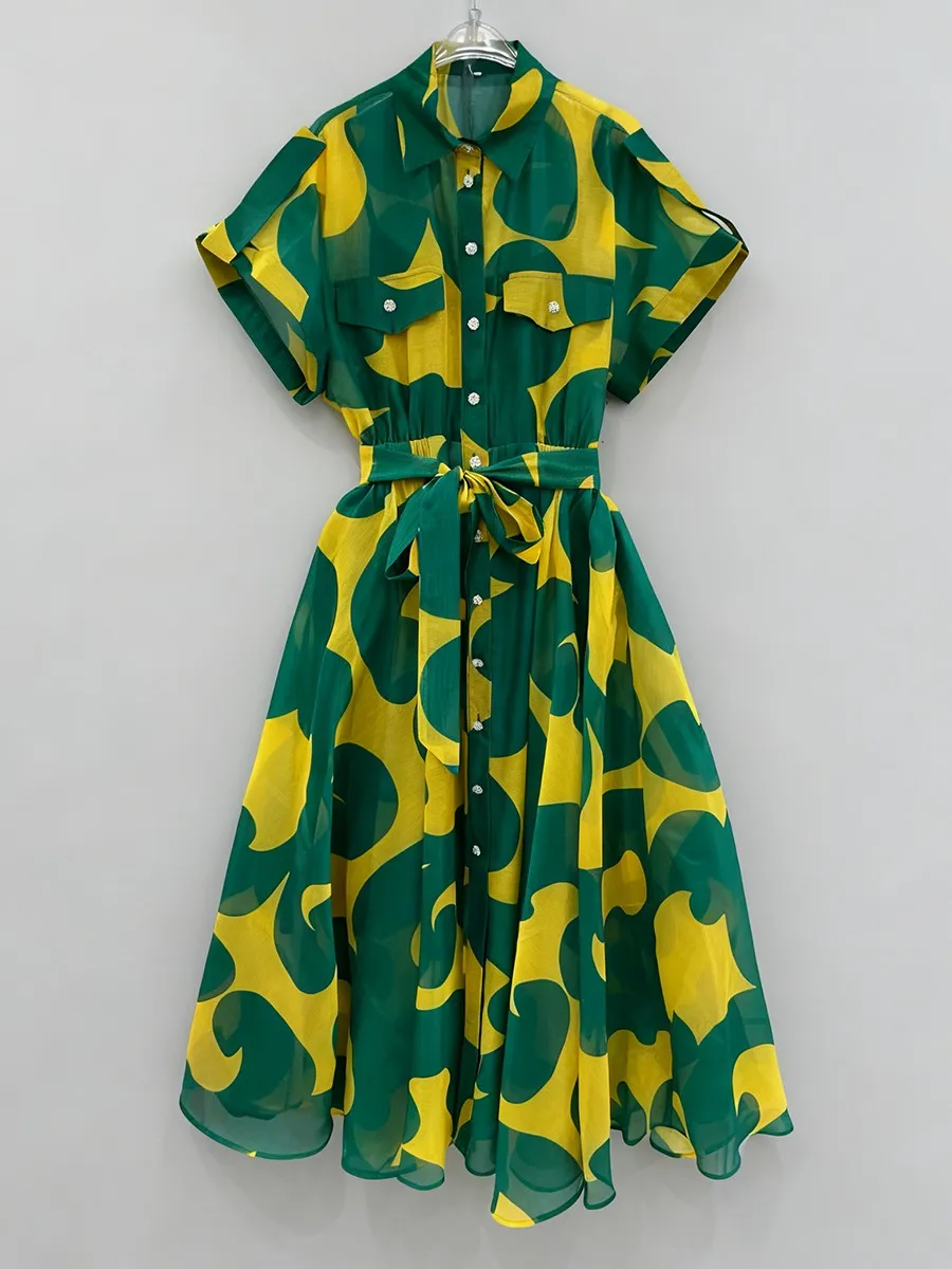 TWOTWINSTYLE Printing Sheer Spliced Buttons Casual Dresses for Women Lapel Sleeveless Patchwork Lace Up Fashion Dress Female New