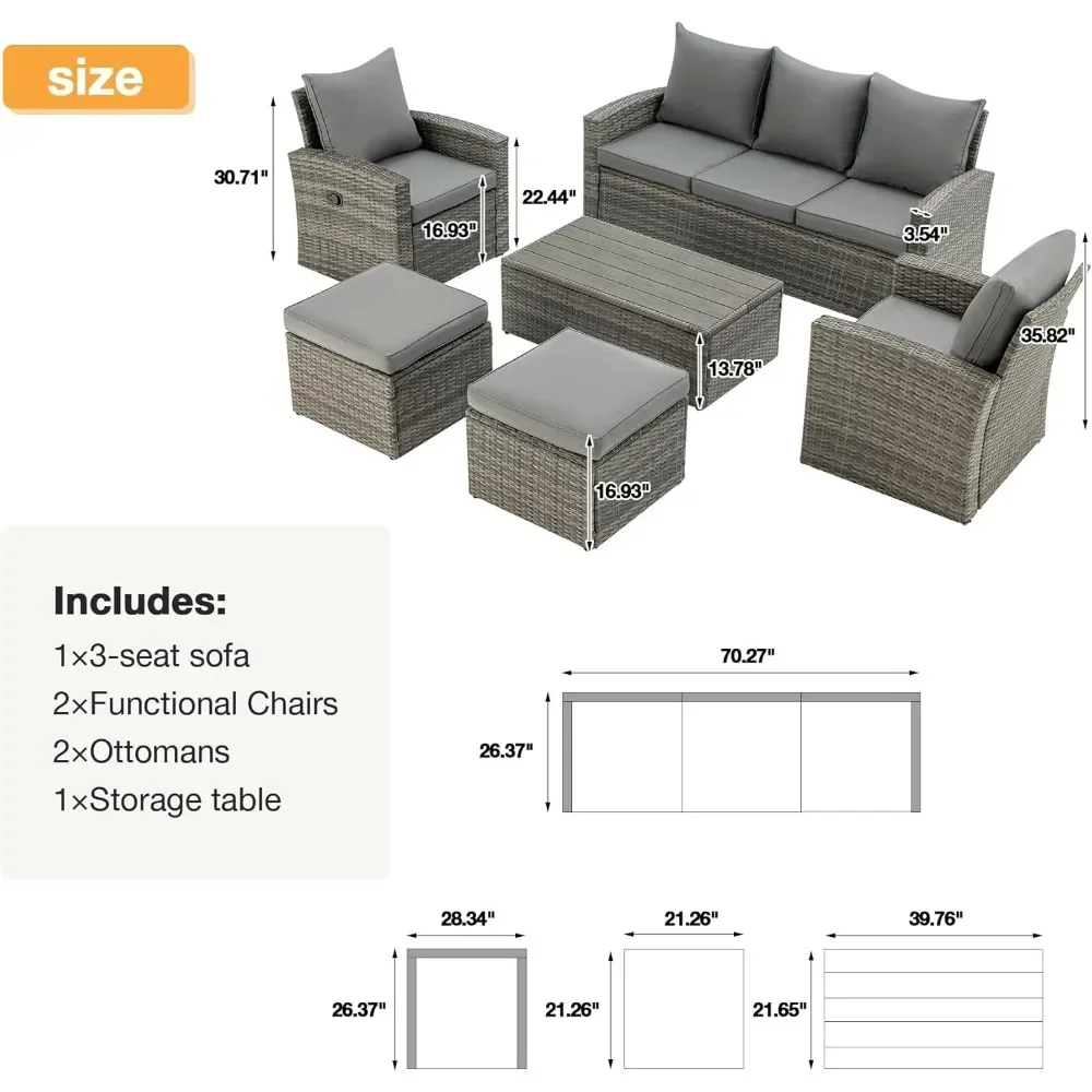 6 Piece Patio Furniture Set, Outdoor Sectional Conversation Rattan Sofa Set with Ottoman and Outdoor Storage Table for Garden