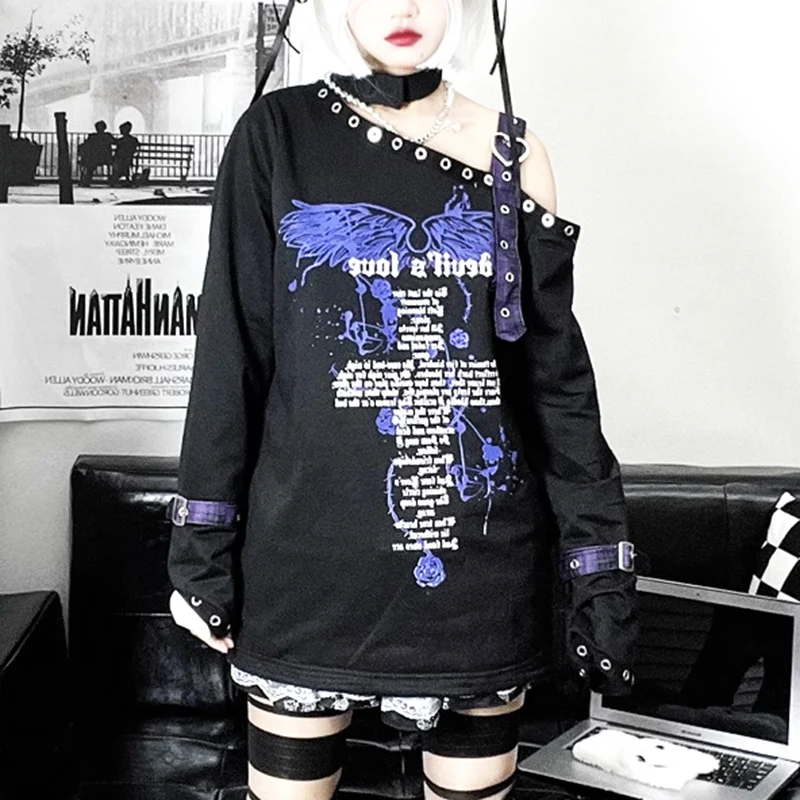 Asian Culture Punk Strap Shoulder Y2K streetwear Japanese Cute Cartoon Pattern Long sleeved T-shirt Top  Spring Summer 2024