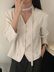 Korean Versatile Women Long Sleeved Suit Short Jacket Autumn Retro V-Neck Lace Up Single Breasted Loose Women's Casual Jacket