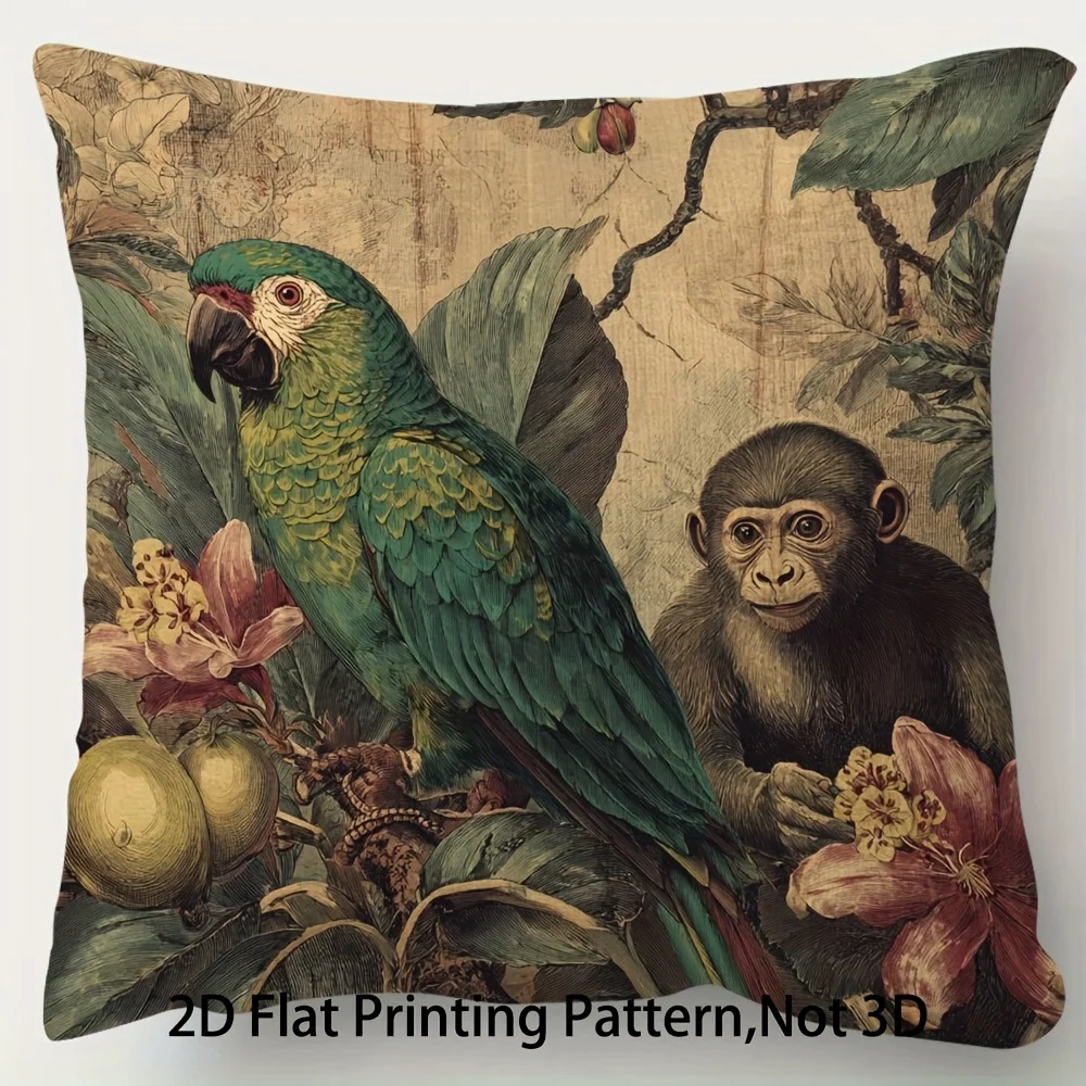 2D flat- Vintage Tropical Jungle Parrot Monkey Throw Pillow Cover Botanical Floral Farmhouse Home Decor Cushion Case
