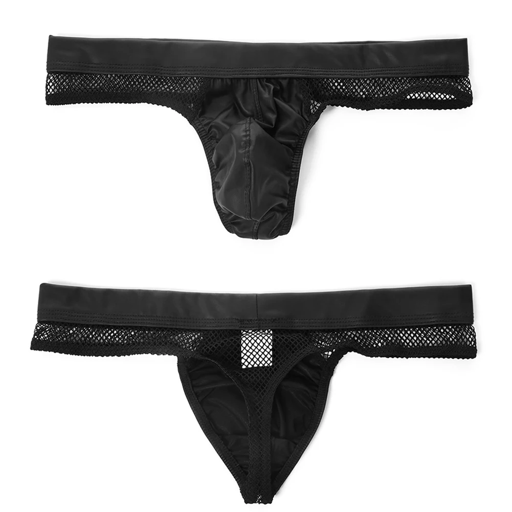 Men Sexy Thong G String Mesh Underwear Faux Leather U Pouch Man Fishnet See-through Big Pouch Cup Thong Underwear T-Back