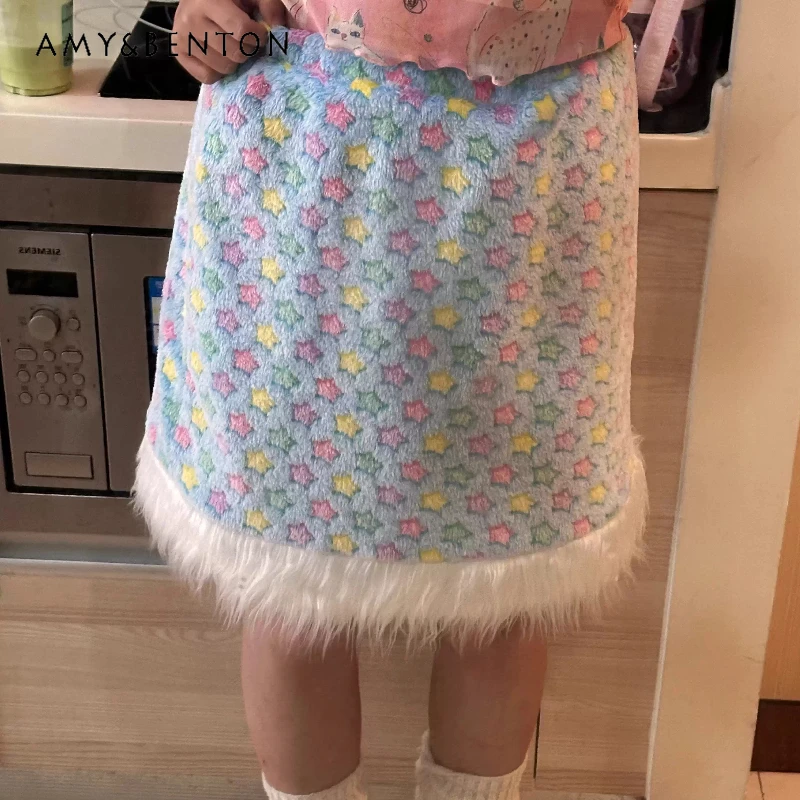 

Japanese Original Design Colorful Star Women's Skirt 2025 Autumn Winter New Sweet Cute Y2k Reversible Plush Short Skirts Ladies