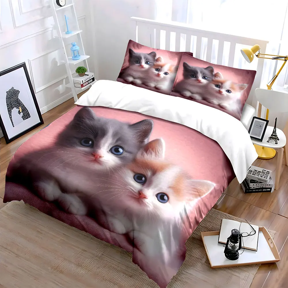 White cats side by side adorable Duvet Cover Set with 3D Printing Design Soft Polyester Bedding Set All-Season Comfort