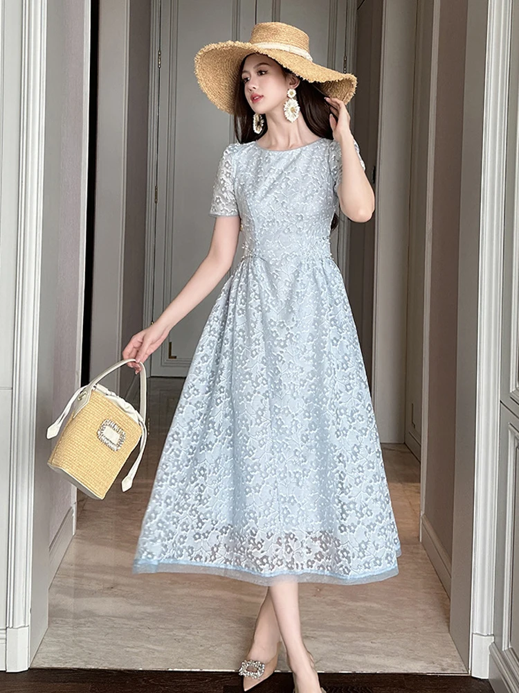 Vestiti delle donne Dolce Blu Stampa floreale O-Collo Sottile A-Line Abito lungo Elegante Lady Fashion Party Compleanno Vestido Robe Boho Summer