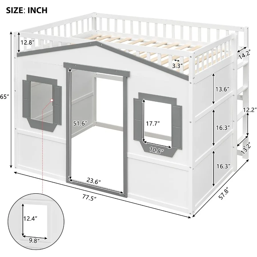 Loft Bed with Play House Shape, Pine Wood, White, Includes Windows, Entertainment Space, and Ladders, No Spring Needed
