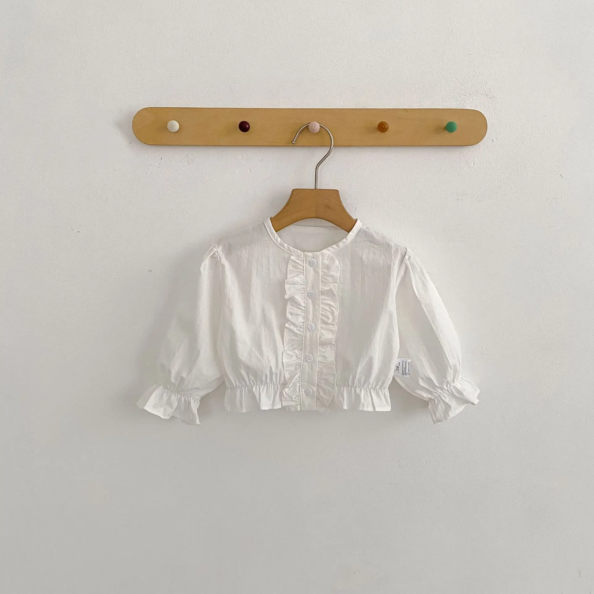 Girl's White Fungus Edge Single Breasted Small Shirt Pure Cotton Stylish and Versatile Spring and Autumn Long Sleeved Top