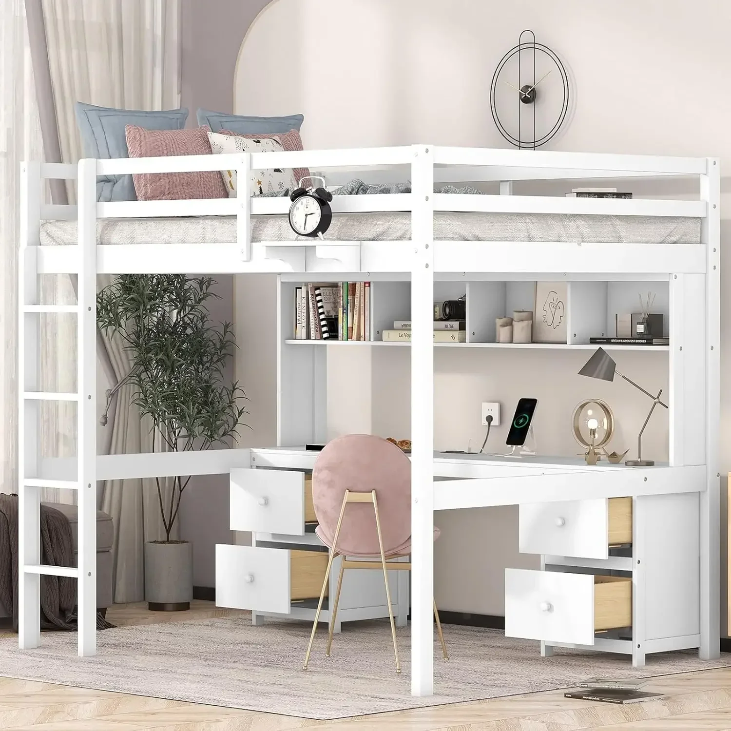 Full Size Loft Bed with Desk,Bookshelf, Solid Wood Loft Bed Frame with Storage Drawers and Bedside Tray,Charging Station (White)