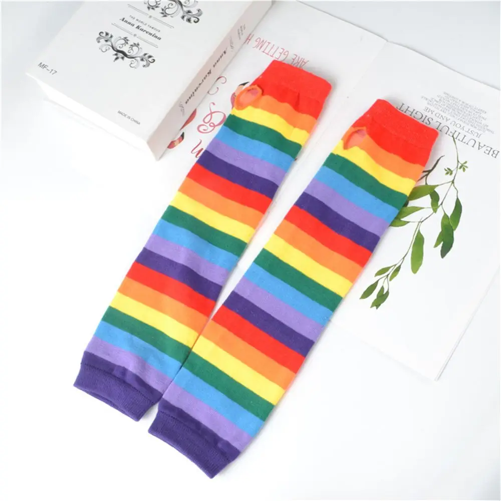 Gants de protection solaire tricotés pour femmes, longueur coude, couleur arc-en-ciel, gants de Costume d'halloween, manches de bras sans doigts