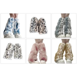 Vintage Leopard Pattern Plush Leg Warmers for Women Girls Fuzzy Furry Winter Warm Boot Cuffs  Leg Covers Footless Long Socks