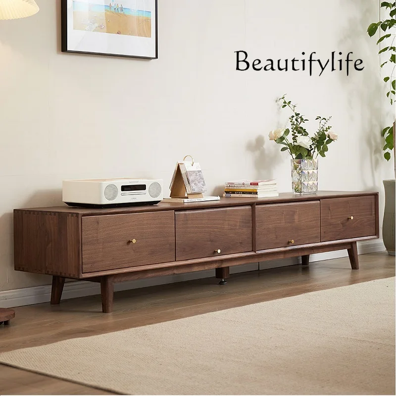 Solid wood TV cabinet Modern simple  storage and storage integrated black walnut floor cabinet Small apartment customization