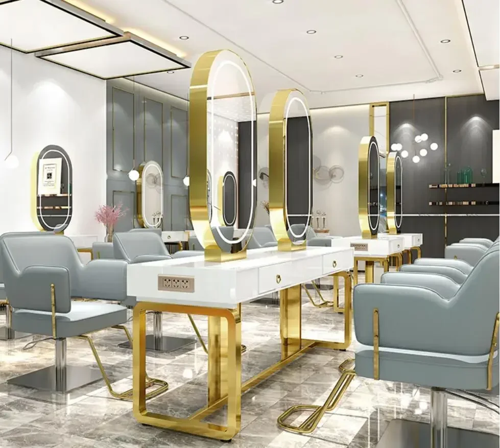 Hairdresser's mirror stand hair salon special solid wood haircut mirror simple barber's table with light