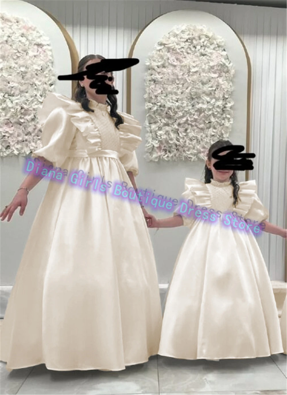 

Elegant Ivory Satin Fluffy First Communion Gown Flower Girl Dress For Wedding Ball Dresses Kids Birthday Party Evening Gowns