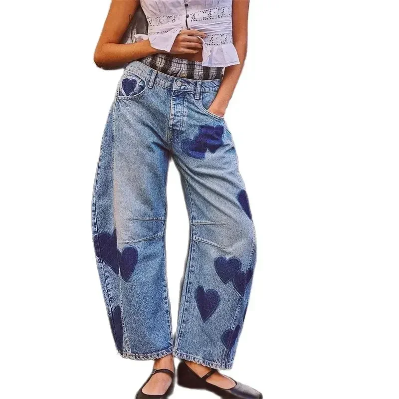 

2024 Fashion Love Print Decoration Denim Pants Women Loose Straight Jeans Female Casual Midi Waist Trousers New Trend Streetwear