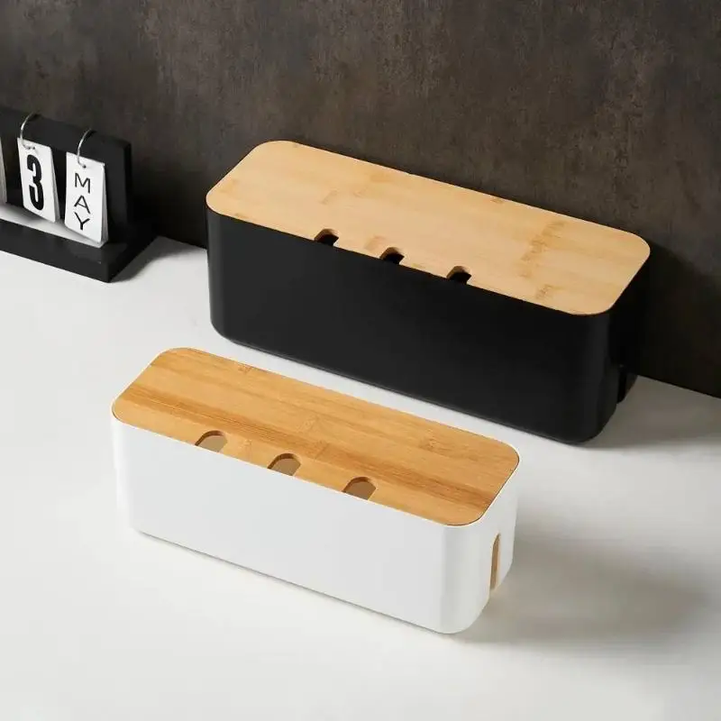 【HMA】Bamboo Cover Cable Management Box Wire Junction Board Storage Box Hide Wires Power Strips Desk Cable Computer Organizer Box