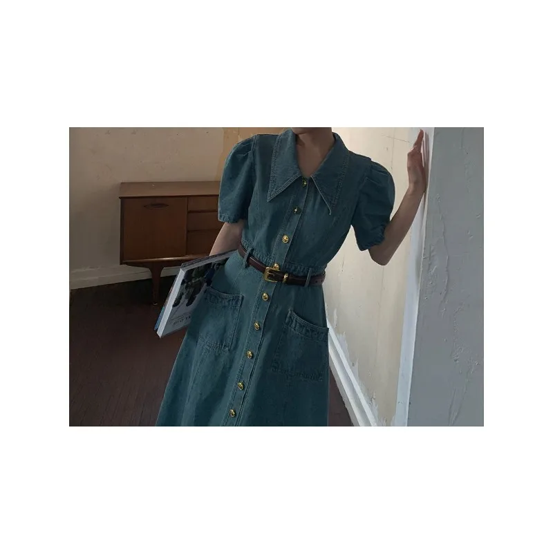 2026 Summer Korean Version Slim-fit Retro Denim Dress Waist Temperament Dress