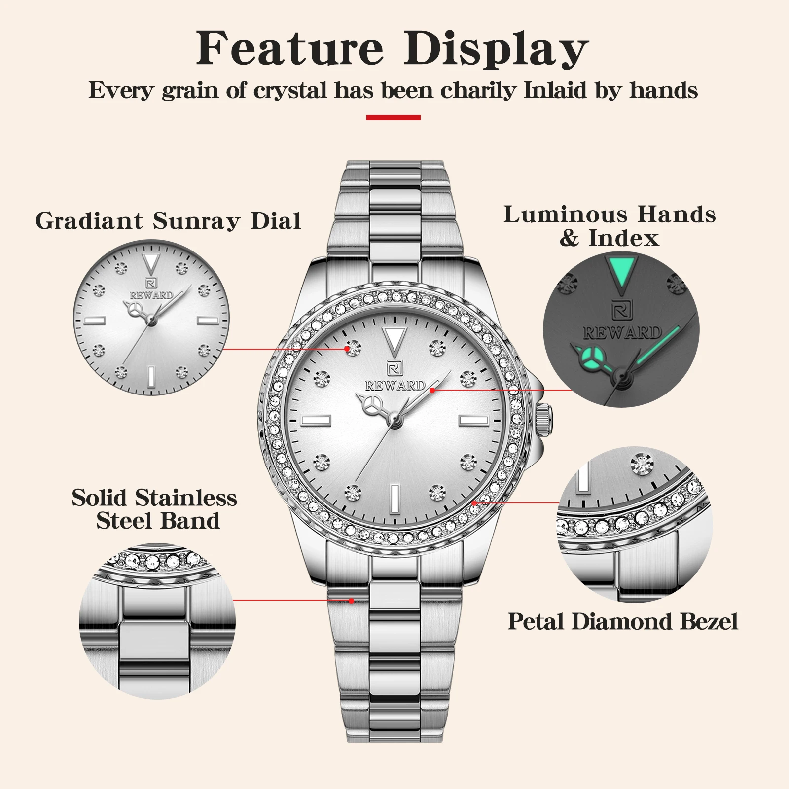 New Design REWARD Fashion Women Watches Luxury Steel Female Wristwatch Waterproof Luminous Silver Quartz Watch Japanese Movement