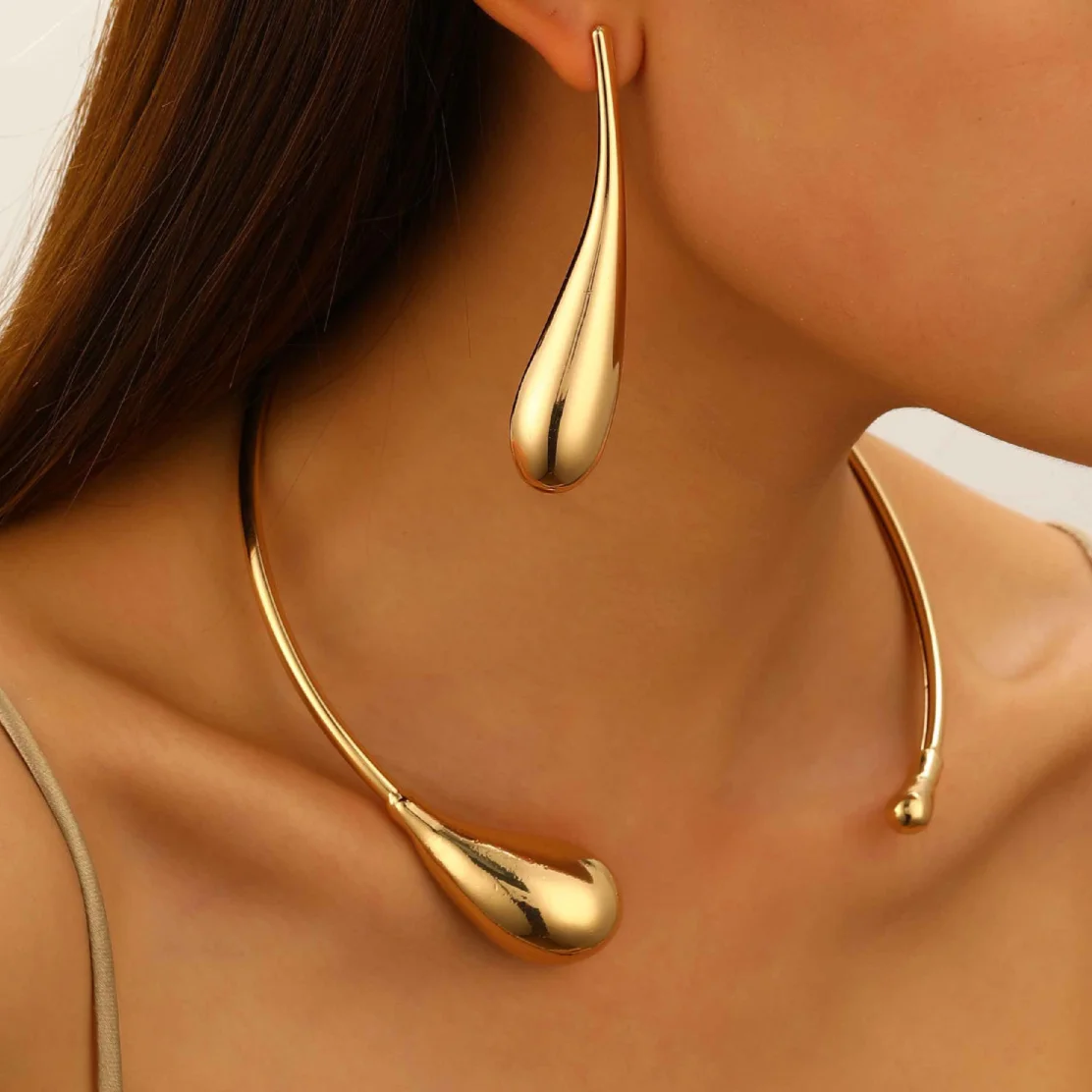 WANZHI New Exaggerated Punk Style Large Water Droplet Pendant Earring Necklace Exquisite Metal Choker Jewelry Sets for Women