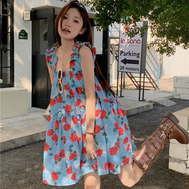 

Vintage Floral Halter Dress Women Summer Loose Vacation Style Sweet A-line Thin Short Skirts Korean Fashion Daily Dresses Female