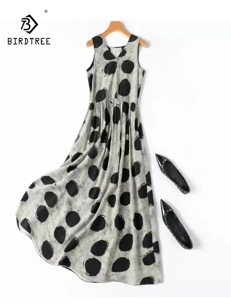 BirdTree, 100%Real Silk Elegant Dresses, Women Sleeveless V Neck Dot Print, French Literature Loose Dress, 2024 Summer D45252QC