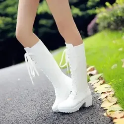 2025 Hot Sale Spring Autumn Lacing Knee High Boots Women Fashion Square Heel Belt Buckle Ladies Leather Shoes Winter Size 34-43