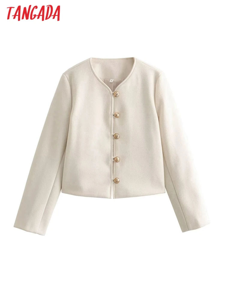 Tangada New Women White Tweed Suit Coat Thick Buttons Pockets Office Lady Crop Blazer 3R74