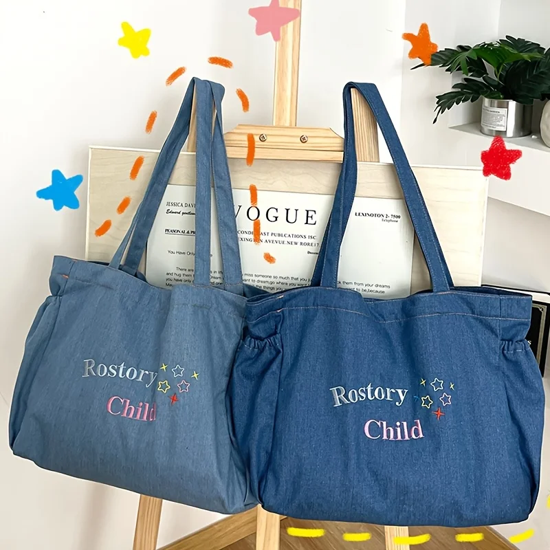 

Retro American denim shoulder bag with simple embroidery, large capacity tote bag, casual commuting bag