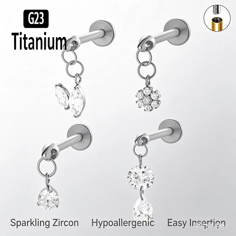 G23 Titan Piercing mit vertikalem Innengewinde, CZ Labret Ohrringe, Lippenring, Conch Ohrknorpel Helix Piercings, Körperschmuck
