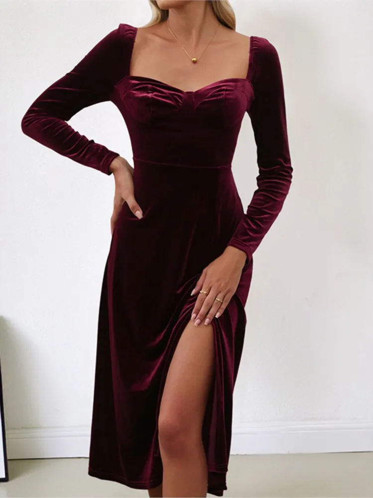 

Dresses 2025 Woman Elegant Retro Slit Velvet Solid Color Square Neck Evening Dress Fashion Trendy Slim Vestidos Temperament Chic