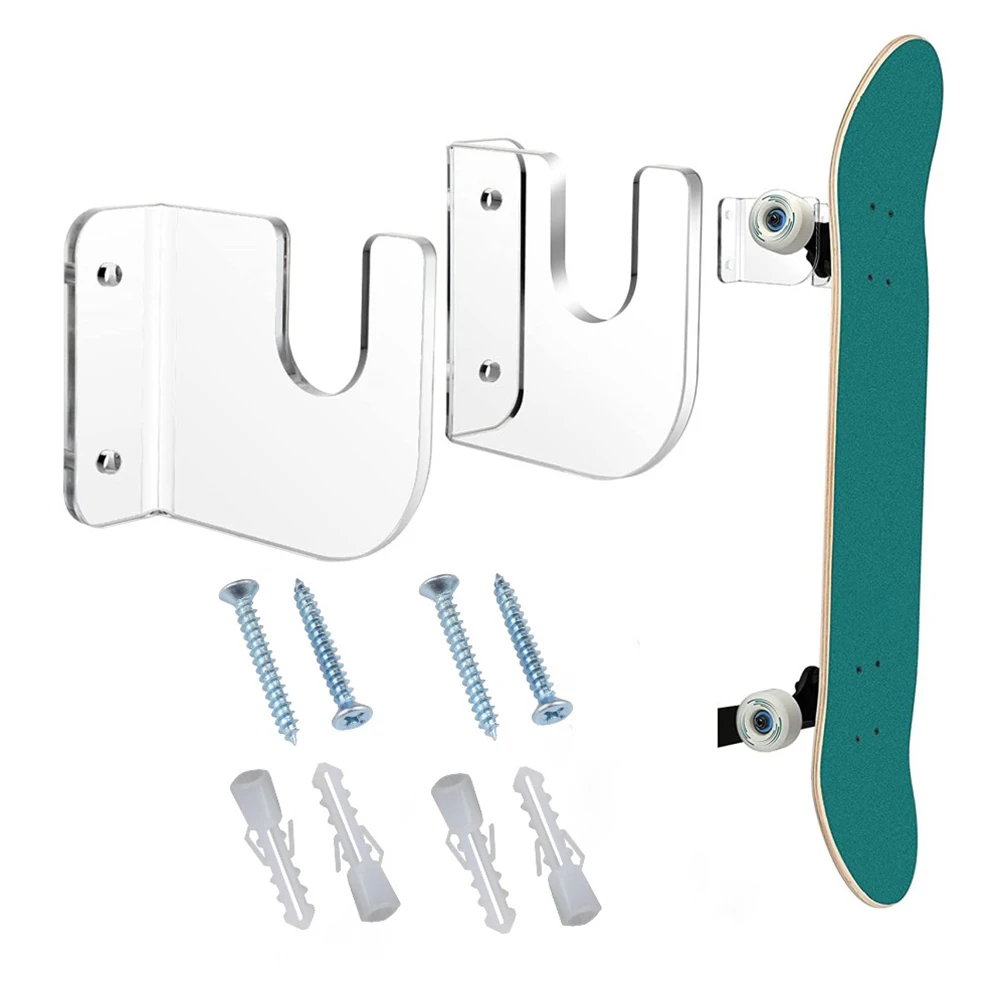 1 Pairs Skateboard Fixed Mount Acrylic Skate Board Wall Holder Decoration Easy Install Non-slip for Bedroom Store Office