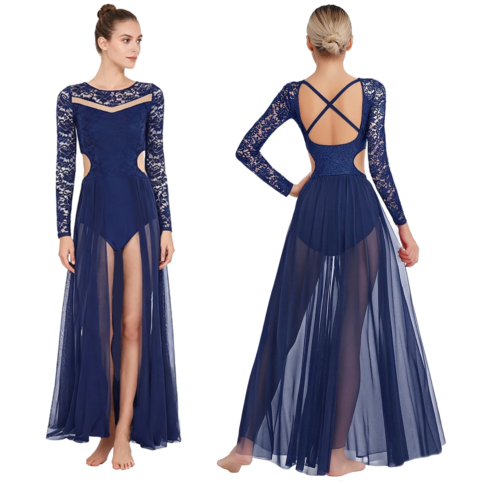 

Women Modern Dresses Lyrical Dance Performance Costume Floral Lace Long Sleeve Flowy Mesh Built-In Briefs Dress for Dance Event