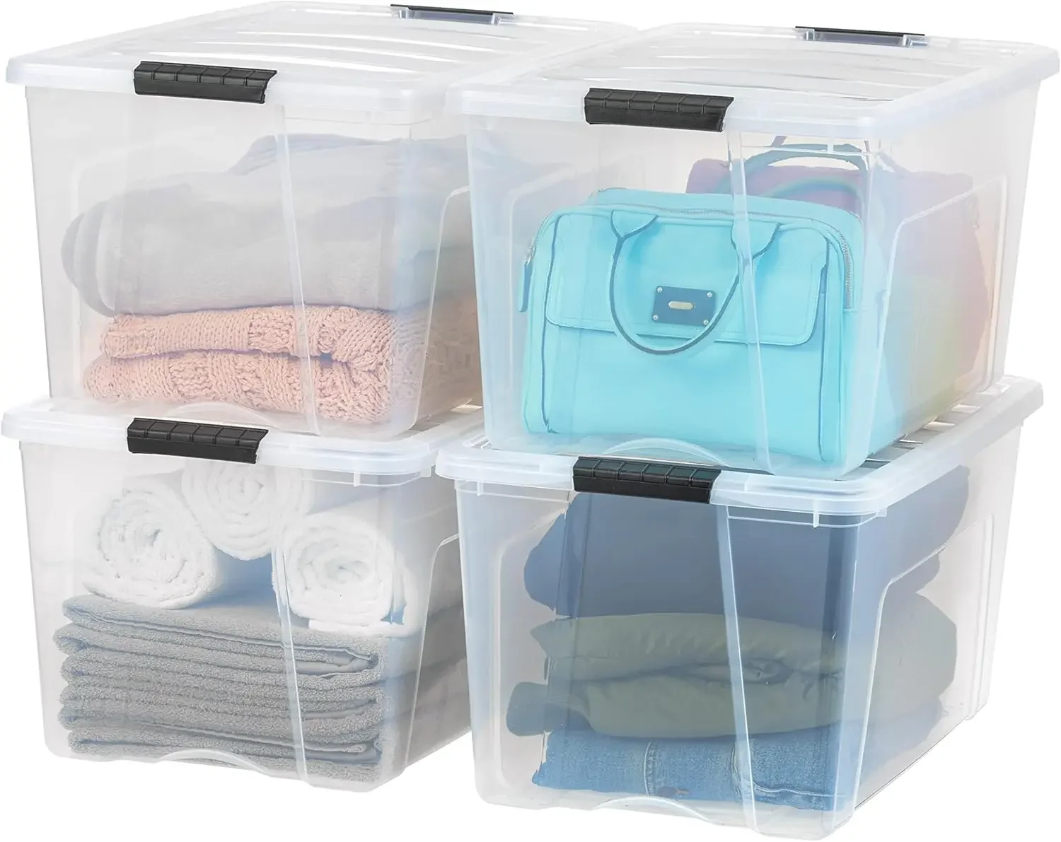 

72 Qt Stackable Plastic Storage Bins with Lids, 4 Pack，Latches, Durable Nestable Containers, Secure Pull Handle - Clear