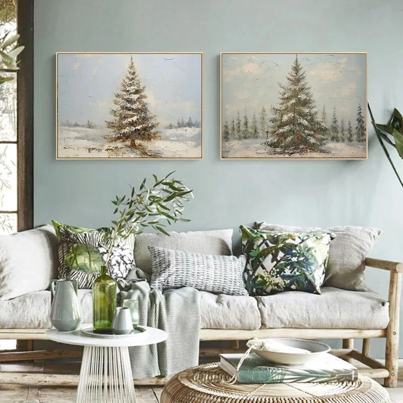 Cabin Snowy Night Snowy Village Winter Scene Christmas Tree Town Deer Poster Canvas Painting Print Wall Art Picture Home Decor