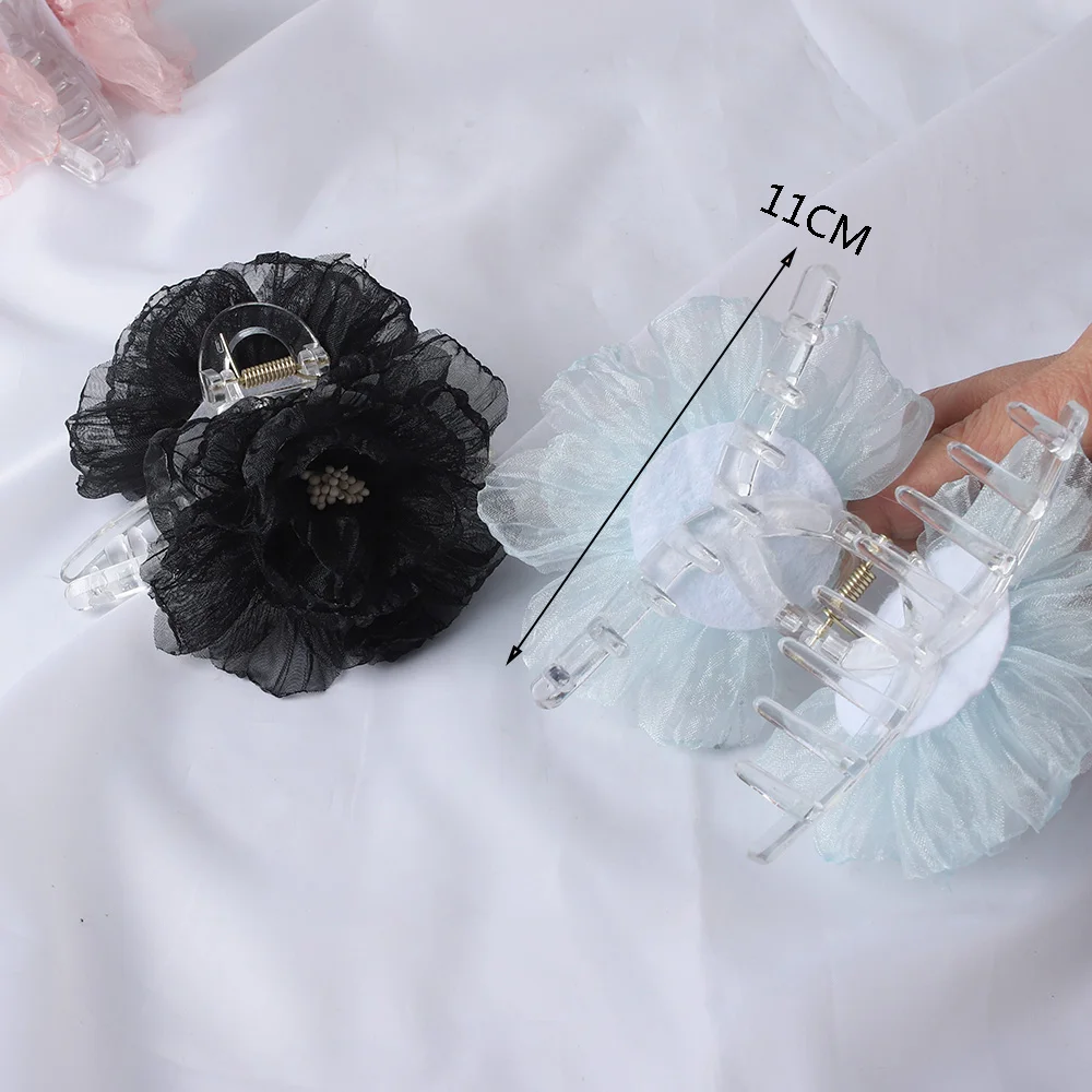 Organza Big Flower Hair Claw Clips Crab Barrettes Women Girls Transparent Ponytail Holder Hair Clamps Hair Accessories Fashion