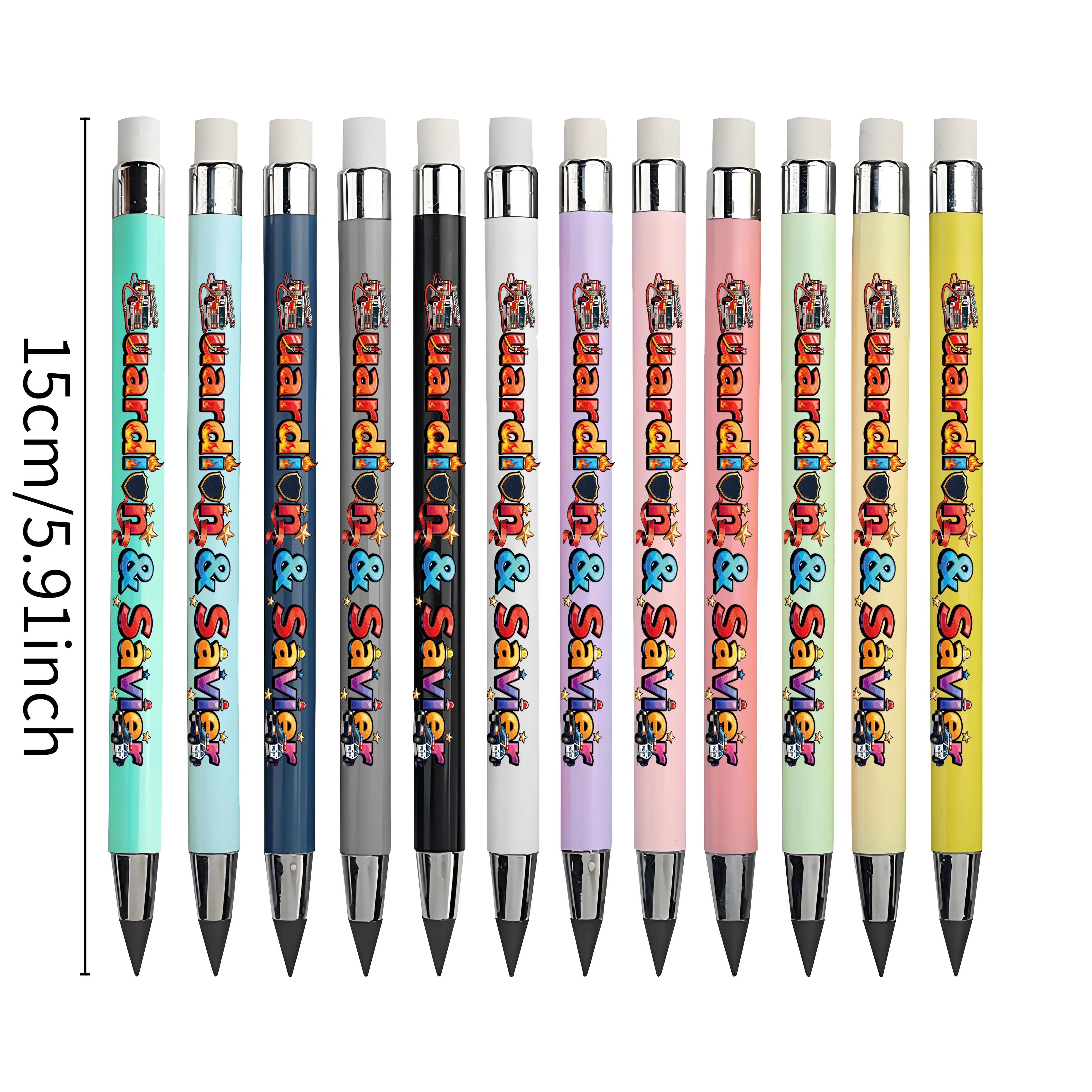 12 قطعة/24 قطعة سيارة إطفاء سيارة شرطة قلم رصاص أبدي سلسلة حارس الحياة أسود غير شحذ قلم رصاص أبدي رسم قلم رصاص