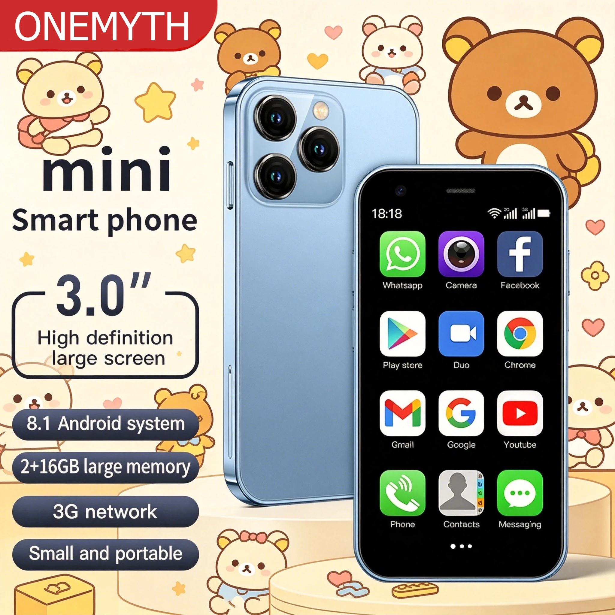 ONEMYTH XS15 Ultra Mini Pocket Phone 3.0'', 2+16GB Dual SIM 3G Smartphone, Google Play Available Multi-Color